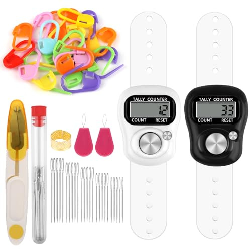 2 Stück Elektronische Fingerzähler (mit Häkelmarkierungsset), Mini Elektronischer Reihenzähler Stricken, Orbicular Maschenzähler für Golf, Basketball, Strickzahl Zählen(Schwarz, Weiß)