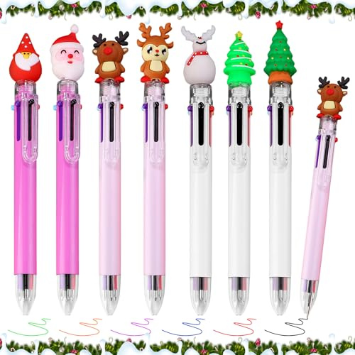 KIKVTER Penne Natalizie, 7 Pezzi Penne a Sfera Natalizie, 6 In 1 Penna Navetta Retrattile Multicolore, Albero di Natale Pupazzo di Neve Babbo Natale Penne Roller per Riempitori di Calza Bomboniere