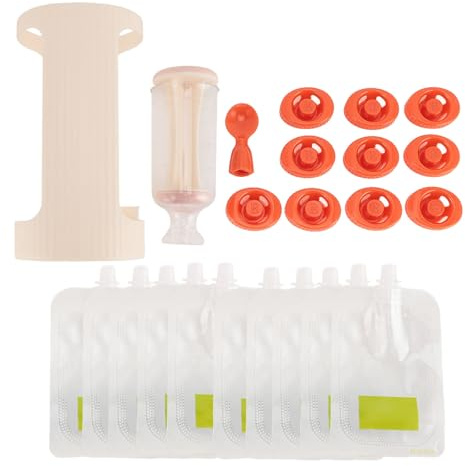 Quetschstation für Babynahrung, Fruchtpüree-Füllstation, Kunststoffbeutelhersteller Zum Füttern, mit 10 Stück 118 Ml Beuteln (Beige)