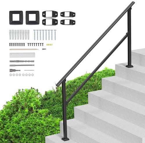 VEVOR Handrails for Outdoor Steps, 5 Steps Stair Hand Rail Kit, Transitional Carbon Steel Railings with Installation Kit, Stair Rails for Seniors, Concrete Steps & Porch & Deck, Black Square Tube
