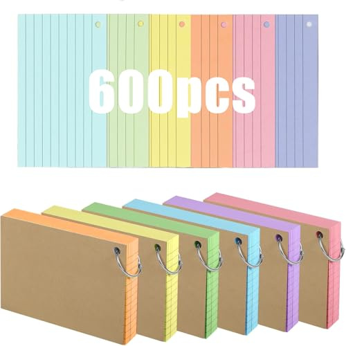 600 Pack Flash Cards with 6 Rings, 5x3 inch Kraft Paper Study Cards for Vocabulary and Revision, Eco Friendly Lined Index Cards, Non Bleed Paper and Rust Proof Rings for School, Office