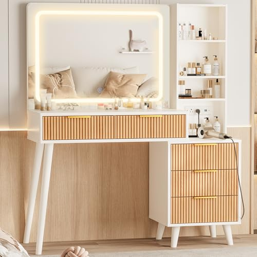 44 Vanity Desk with Mirror and Lights, Makeup Vanity Desk with Power Outlet, Makeup Desk with 5 Drawers&Storage Shelves, Vanity Table 3 Color Adjustable Brightness Dressing Table Set for Bedroom