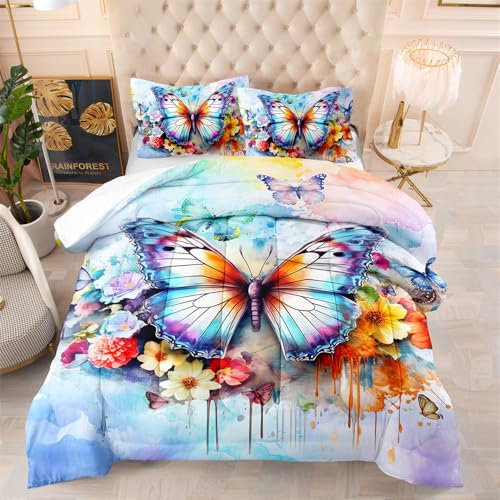 Bettdecke 200X200 Blumen Schmetterling Bettdecken 200Gsm,Dünne Und Leichte Duvet,4 Jahreszeiten Bettdecken,Weiche Mikrofaser Bettdecke Mit 2 Kissenbezüge,Warm Steppbettdecke Für Allergiker