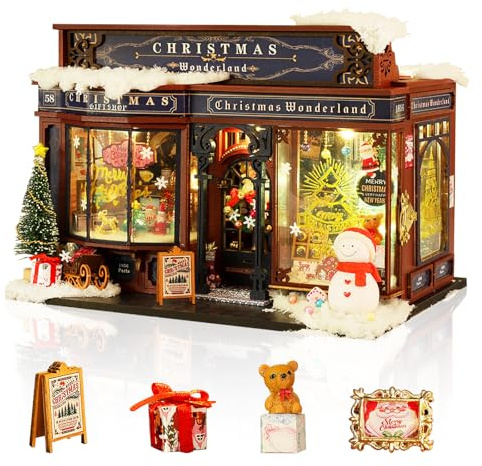 Cuteefun Casa de Muñecas de Madera con LED, DIY Casas de Muñecas Miniaturas con Muebles Construir para Adultos, Cumpleaños, Navidad (Maravillas Navideñas)