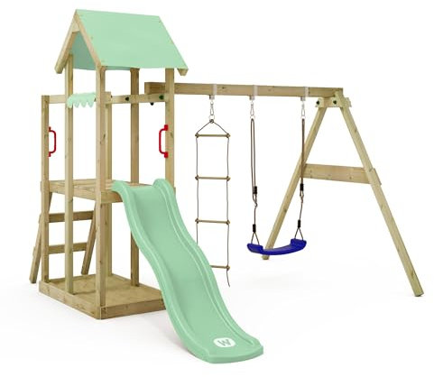 WICKEY Spielturm Klettergerüst TinyPlace mit Schaukel & Rutsche, Outdoor Kinder Kletterturm mit Sandkasten, Leiter & Spiel-Zubehör für den Garten (pastellgrün)