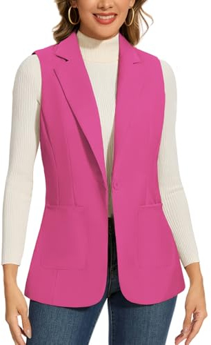 Kyzoeyou Blazer sans manches pour femme Gilet long de bureau entièrement doublé à un bouton Veste Gilet à revers cranté, Rose fuchsia., L