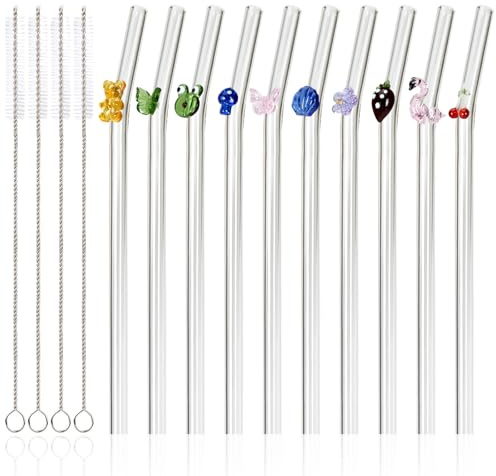 10 PCS Glass Straws Reusable Bent Straws with Design, Coffee Straw Glass with 4 Cleaning Brushes, Transparent Stra ws for Smoothies Cocktail Juice Coffee Milkshakes