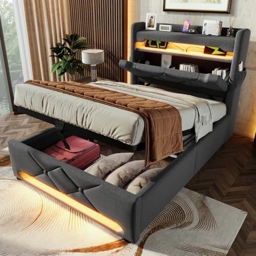 Cama acolchada con LED y puerto de carga USB&Type-C,cama individual con almacenamiento,cabecero con contenedor,cama contenedor individual,Sistema hidráulico,lino (gris,90x200)