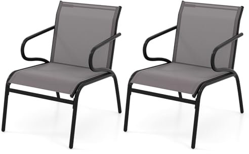COSTWAY Trädgårdsstolar set om 2, balkongstolar med ventilerande tyg och metallram, terrassstolar med armstöd, kan belastas upp till 150 kg, för trädgård, terrass, balkong, grå