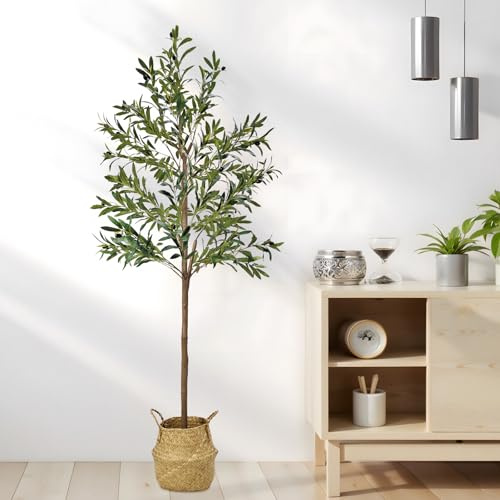 KARYLLYD Artificial Olive Tree 6FT, 180cm Faux Olive Tree Indoor, Large Fake Plant in Pot Featuring Moss & Woven Basket - Artificial Eucalyptus Tree for Home Living Room Office Decor