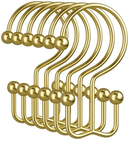 Amazer Gold Shower Curtain Hooks, 12PCS Minimalist Simple Double Shower Curtain Rings, Rust-Resistant Metal Shower Hooks Shower Curtain Hangers, Shower Rings for Bathroom Shower Rods Curtains