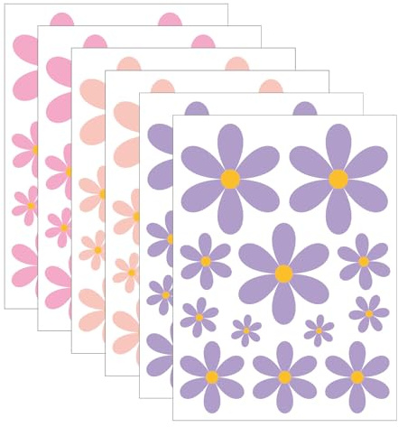 6 Pcs Flower Wall Stickers, Self-Adhesive Daisy Wall Stickers, Colorful Flower Sticker, Waterproof Daisy Sticker Peel, for Car Fridge Bins Walls Outdoor Indoor Decorative Decal(Pink/Purple/Orange)