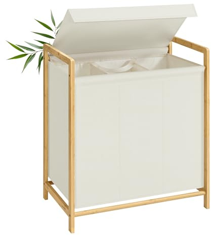 SONGMICS Panier à Linge 3 Compartiments, Corbeille à Linge Sale, Structure en Bambou, Couvercle Renforcé et Amovible, Sac Amovible, 150 L, Blanc Crème RLH103WD01