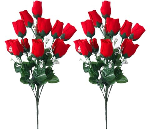 FUANA Fiori artificiali da cimitero, 2 pezzi, bellissimi bouquet di rose rosse per decorazioni esterne
