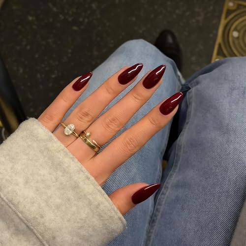 DMQ Soft Gel Press on Nails Almond Medium, 24Pcs Dark Red False Nails Oval, Glossy Solid Burgundy Stiletto Fake Nails with Glue, Natural Stick on Nail for Women Girls Finger Daily Wear