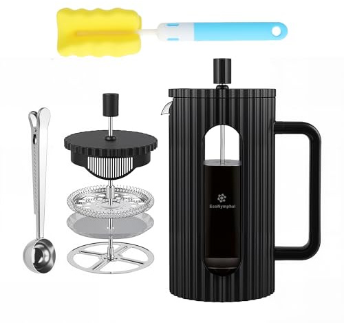 EcoNymphal French Press 1 liter (1 000 ml) – kaffepress av varmbeständigt glas med rostfritt stål filter – perfekt för kallt brus och kaffe – BPA-fri och diskmaskinssäker – inkl. sked och borste