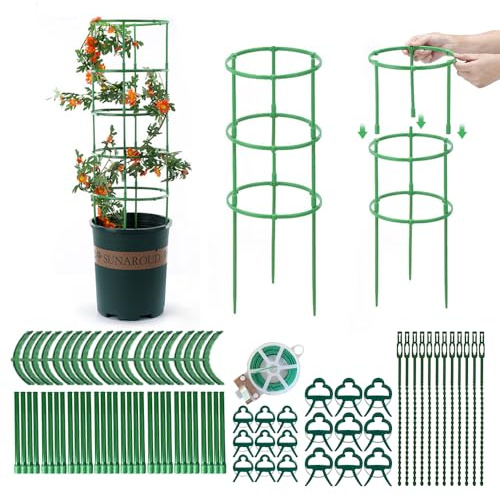 Nzkeuf 151 PCS Pflanzenstütze, Tomaten Rankhilfe, Verstellbarer Höhe, Gurken Rankhilfe mit Pflanzenclips Set, Pflanzenstützen Rund, 20 Stockwerke Rankgitter für Blumen, Pflanzen, Garten