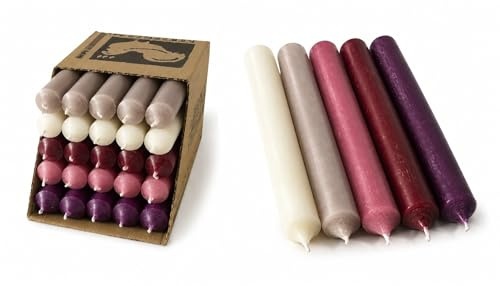 Stabkerzen Set 25 Stück – durchgefärbt & tropffrei – 2,2 cm Ø, 18 cm lang – Made in Germany – Premium Kerzenmix in Bordeaux-Rot, Aubergine, Altrosa, Creme & Beige – lange Brenndauer (Set 17)
