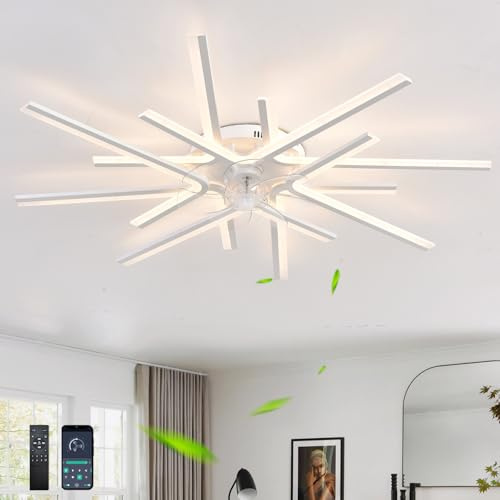 QINGYING Moderna Lampara Ventilador Con Mando A Distancia APP, Ventilador Techo Con Luz Reversible 6 Velocidades CC, Luz Ventilador Techo Regulable LED Para Dormitorios Y Salón-White||8 Heads
