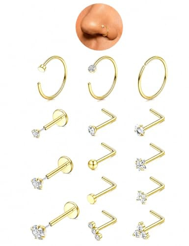 ORAZIO 14 Stück Nasenpiercing Gold Nasenring Hypoallergen Chirurgenstahl | Nasenpiercing Stecker Septum Piercing 6/8/10MM 20G Nasenstecker Gold Silber Nostril Piercing Schmuck