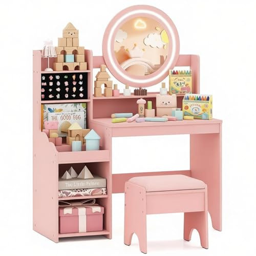Maxmass Kids Vanity Table and Stool, Wooden Kids Dressing Table with Lighted Mirror, Rings Slots, Storage Shelves, Girls Makeup Desk Princess Pretend Dresser for 3+ Years Old (Pink)