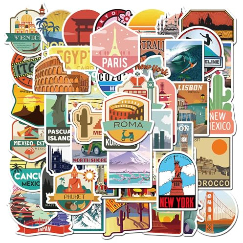 50pcs Reisen im Freien Sticker Set, Airplane ticket Aufkleber Wasserdicht | Welt Reise Aufkleber Sehenswürdigkeiten Stickers, Cartoon Boarding Pass Vinyl Sticker, Wasserdicht Sticker Set