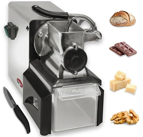 Reber Grattugia Elettrica per Formaggio Semiprofessionale 200W - INOX Cover | per Parmigiano, Pane, Cioccolato e Frutta Secca - Alluminio e Acciaio Inox - Ampia Apertura e Cassetto Capiente