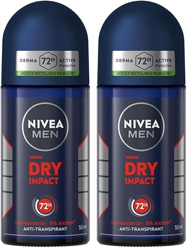 NIVEA MEN - Déodorant Bille Dry Impact - Déodorant Homme 72H Anti-Transpirant Aisselles - Anti-Bactérien - 0% Alcool - Dual Protection - Tous Types de Peaux - 50 ml (Lot de 2)