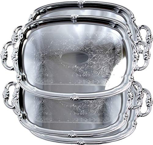 Maro Megastore (Pack of 4) 21-Inch x 13.5-Inch Elegant Victoria Floral Engraved with Handle Serving Tray Silver Metal Plate Platter Food Decorative Buffet Wedding Party T166-4PK