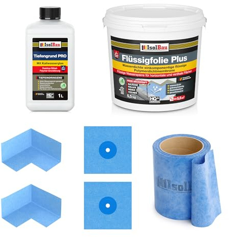 Isolbau Dichtset - Inkl. 1x Flüssigfolie PLUS (5,5 kg), 1x Tiefengrund PRO (1L), 1x Dichtband (5 m), 2x Innenecken & 2x Manschetten