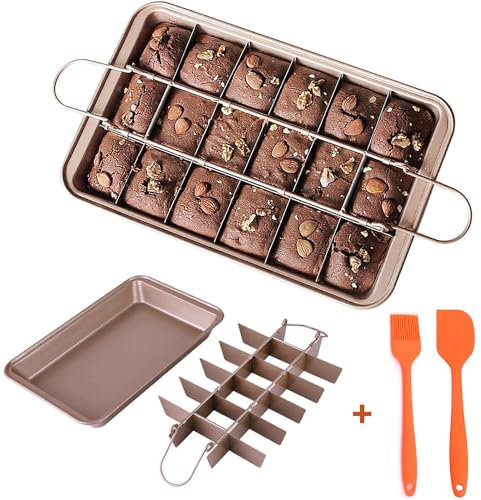 Brownie Pan Brownie Tin with Dividers, 18-Cavity and 12 by 8 inches, 900g Thickened Non-Stick Divided Brownie Tin for Baking /Precut Brownie Tray for Professional Slices, Carbon Steel (Champagne Gold)