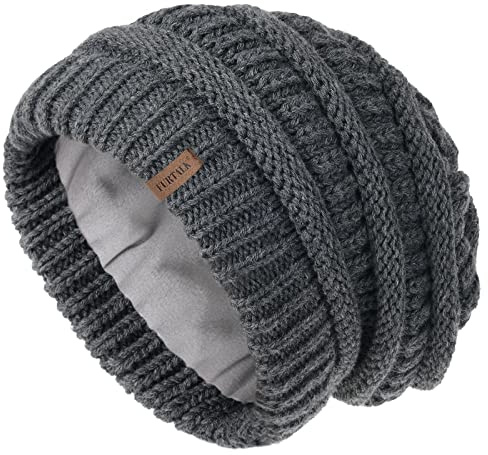 FURTALK Damen Beanie Mütze Warme Wintermütze mit Weichem Innenfutter Gefütterte Strickmütze,Dunkel grau,Einheitsgröße
