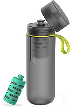 PHILIPS Water GoZero Active BPA-Free Water Bottle with River/Lake/Spring Water Filter for Hiking Camping, Sport Squeeze Water Bottle, Lightweight, Blue, 20 oz with Adventure Filter, Grey