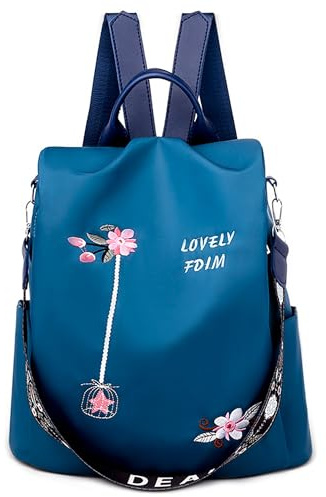 DORRISO Damen Rucksack Elegant, Anti Diebstahl Rucksack Damen, City Rucksack mit Stickerei, Schultertasche Backpack 2 in 1, Leichter Tagesrucksack für Arbeit Uni Reise Freizeit Blau
