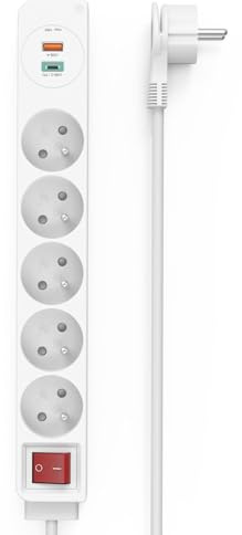 Hama Steckdosenleiste mit 5 Steckdosen, 1 USB-C-Anschluss, 1 USB-A-Anschluss, Schalter (ideal Energiesparend, Power Delivery Fast Charge, Kabel 1,4 m für Smartphone, Haus, Büro, 3680 W) Weiß