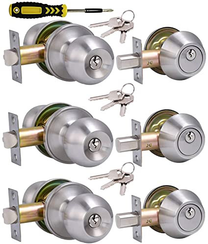 Juego de 3 pomos de puerta de entrada con la misma llave y cerrojo picaporte de un solo cilindro, pomos de puerta exterior de níquel satinado con cerradura y llaves para entrada y puerta delantera