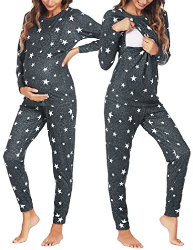 Ekouaer Pigiama Donna Abito Girocollo Premaman da Donna Pigiama Gravidanza Invernale Manica Lunga, Stelle Grigio, S