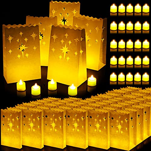 100 Set Luminary Paper Bags with Flameless Tea Lights Christmas Flameless Candle with Luminaries Candle Bag LED Tea Light for Birthday Wedding Halloween Christmas Thanksgiving Party Decor (Firework)