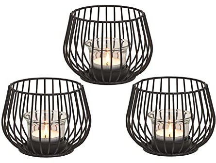 Teelichthalter 3X Deko Windlicht schwarz Metall 12x9 cm Outdoor (Metall) | kerzenhalter tischdeko wohnzimmer