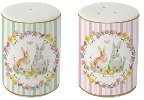 Easy Life Juego de salero y pimentero de Pascua de porcelana con conejitos Happy Easter