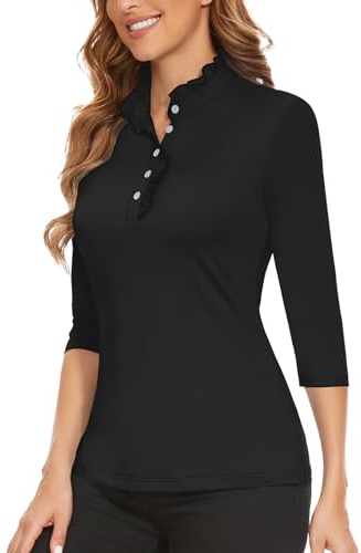 Soneven Blusa elegante para mujer, cuello alto, camiseta polo de manga larga para mujer, Negro , M