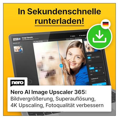 Nero AI Image Upscaler 365 | KI | Bilder vergrößern + nachschärfen | Skalieren auf 4K | Fotoqualität verbessern | Windows 11 / 10 | 1 Gerät | Jahreslizenz | Aktivierungscode per Email