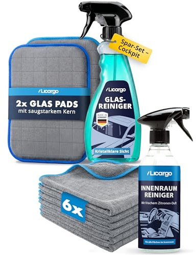 LICARGO Innenraum & Scheiben Set Pads - 2X Glas & Scheiben Pads - 1x hochwertiger Glasreiniger (750ml) - 1x Premium Innenraumreiniger (500ml) - 6x Lackschonende Mikrofasertücher mit 380 GSM