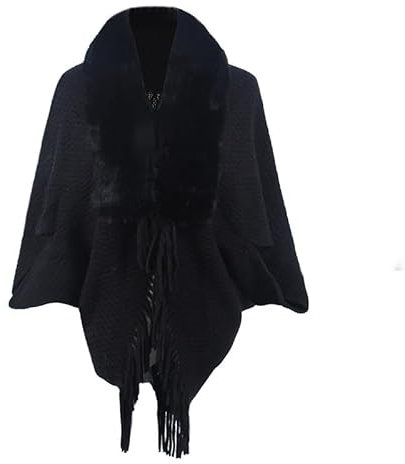 LIUYUYOUGO Stickad poncho med ärmar kvinnor ribbstickad kappa cardigan fuskpäls krage sjal kappa elegant öppen framsida scarf wrap höst vinter mjuk varm stickad tröja mantel schal, Svart, one size