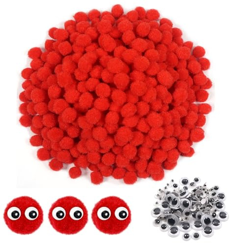 TOAOB 1000 Stück 10 mm Rot Pompons zum Basteln Klein Pom Poms | mit Selbstklebend Wackelaugen, Bälle Kunst Bommel für Dekorieren, Verzieren Nähen DIY Lustige Kreativen Handwerk