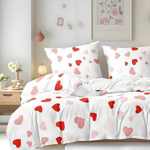 Gezu Housse de Couette Cœur 140x200 Filles Rouge Blanc Rose avec 1 Taies d'oreiller 65x65 Parure de Lit 140x200 Rose 3D Motif Imprimé en Microfibre Respirant Linge de Lit Enfant avec Fermeture Éclair