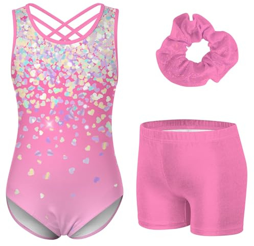Idgreatim Girls Leotards for Gymnastics 8-9 Years Pink Shiny Gymnastic Leotard Sleeveless 3 Piece Tumbling Outfits with Biketards Shorts