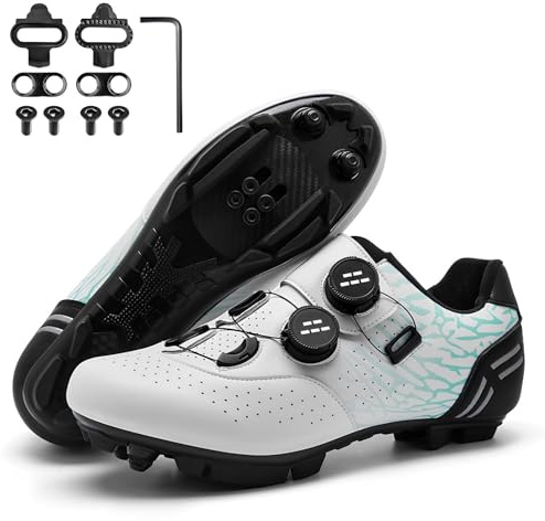 Surwin Chaussures de Cyclisme pour Hommes Femmes Léopard, Chaussures D'équitation sur Montagne Antidérapants, Chaussure de Vélo Unisexe Route VTT avec Languettes Look Lock (Blanc,48)