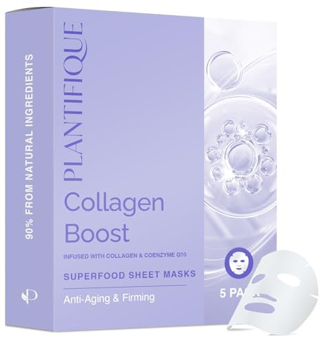 PLANTIFIQUE Maschera Viso in Tessuto Collagen Boost 5 Pezzi – Maschera Anti-Aging e Lifting con Collagene, Coenzima Q10 e Mirtilli – Skincare Coreano per un Aspetto Liscio e Rivitalizzato