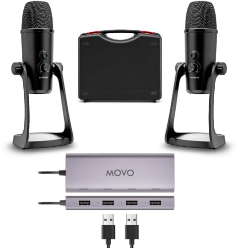 Movo USB Podcast Equipment Bundle for 2 – USB Interface with 2 UM700 Condenser Microphones – 4-Port Powered Hub for Streaming, Podcasting, Interviews (with 2 Microphones)